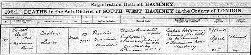 1925 Arthur G Lister death certificate